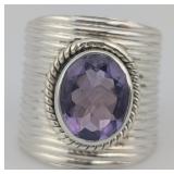 Sterling African Amethyst Wide Band Ribbed Ring