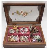 (HI)  Wood Jewelry Box Filled W Costume Jewelry