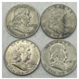 (KK) 4 Silver Franklin Half Dollar Coins
