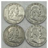 (KK) 4 Silver Franklin Half Dollar Coins