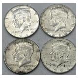(KK) 4 Silver 1964 Kennedy Half Dollar Coins
