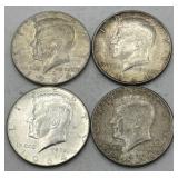 (KK) 4 Silver 1964 Kennedy Half Dollar Coins