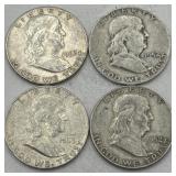 (KK) 4 Silver Franklin Half Dollar Coins