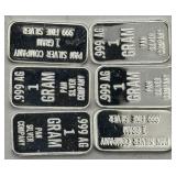 (KK)  6 Silver 1 Gram Bars