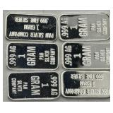 (KK)  6 Silver 1 Gram Bars