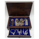 (HI)  Wood Jewelry Box Filled W Costume Jewelry