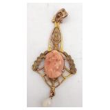 (S) 10K Yelow Gold Pearl & Cameo Pendant