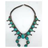 (KD) Sterling Squash Blossom Turquoise Necklace
