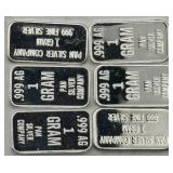 (KK)  6 Silver 1 Gram Bars