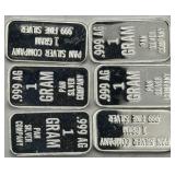 (KK)  6 Silver 1 Gram Bars