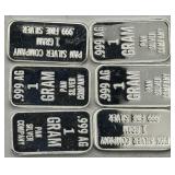 (KK)  6 Silver 1 Gram Bars