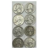 (KK) 8 Silver Washington Quarter Dollar Coins