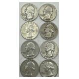 (KK) 8 Silver Washington Quarter Dollar Coins