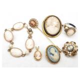 (S) Gold Tone Cameo Pins, ring, and bracelet