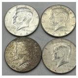 (KK) 4 Silver 1964 Kennedy Half Dollar Coins