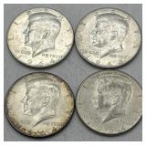 (KK) 4 Silver 1964 Kennedy Half Dollar Coins