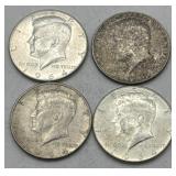 (KK) 4 Silver 1964 Kennedy Half Dollar Coins