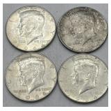 (KK) 4 Silver 1964 Kennedy Half Dollar Coins