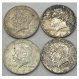 (KK) 4 Silver 1964 Kennedy Half Dollar Coins