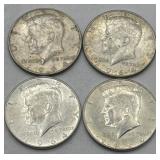 (KK) 4 Silver 1964 Kennedy Half Dollar Coins