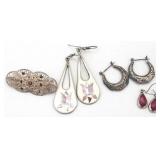 (S) Sterling Brooch and 3 Pair of Earrings