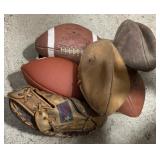 (D) Footballs and baseball glove vintage 6 total