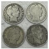 (KK) 4 Silver Barber Half Dollar Coins