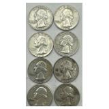 (KK) 8 Silver Washington Quarter Dollar Coins