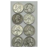 (KK) 8 Silver Washington Quarter Dollar Coins