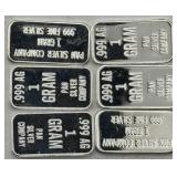 (KK)  6 Silver 1 Gram Bars
