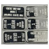(KK)  6 Silver 1 Gram Bars