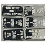 (KK)  6 Silver 1 Gram Bars