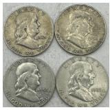 (KK) 4 Silver Franklin Half Dollar Coins
