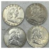 (KK) 4 Silver Franklin Half Dollar Coins