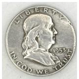 (RB) Silver 1953 D Franklin Half Dollar Coin