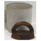 (MH) 8"T Crock & Vtg Iron w/ Detachable Handle