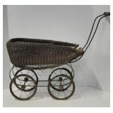 (MT) Wicker Doll Pram, Metal And Wood Handle, 4