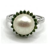 (LG) Sterling Silver Emerald and Faux Pearl Ring