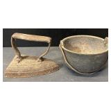 (TB) Cast Iron Miniature Cauldron and Sad Iron,