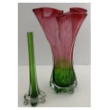 (ML) Vintage Pink and Green Art Glass Vase Murano