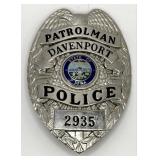 Obsolete Davenport Iowa Police Patrolman Shield Ba
