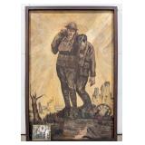 Large WWI Doughboys In European Ruins Oil Painting