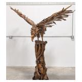 7ft Wide Teak Wood Perched Eagle Sculpture