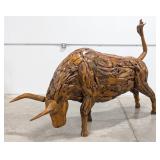 8ft Teak Wood Running Bull Sculpture