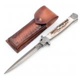 13in Engraved Stag Damascus Switchblade Knife w/ S
