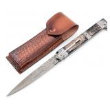 13in Engraved Horn Damascus Switchblade Knife w/ S