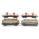 (2) Lionel 220 Searchlight Cars and (2) 218 Dump C