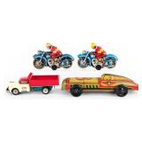 Lupor Tin Windup Racer, Dump Truck, and (2) Motorc