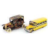 Marx Tin Windup Old Jalopy and Japan School Bus
