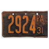 Original 1931 Pennsylvania Motorcycle License Plat